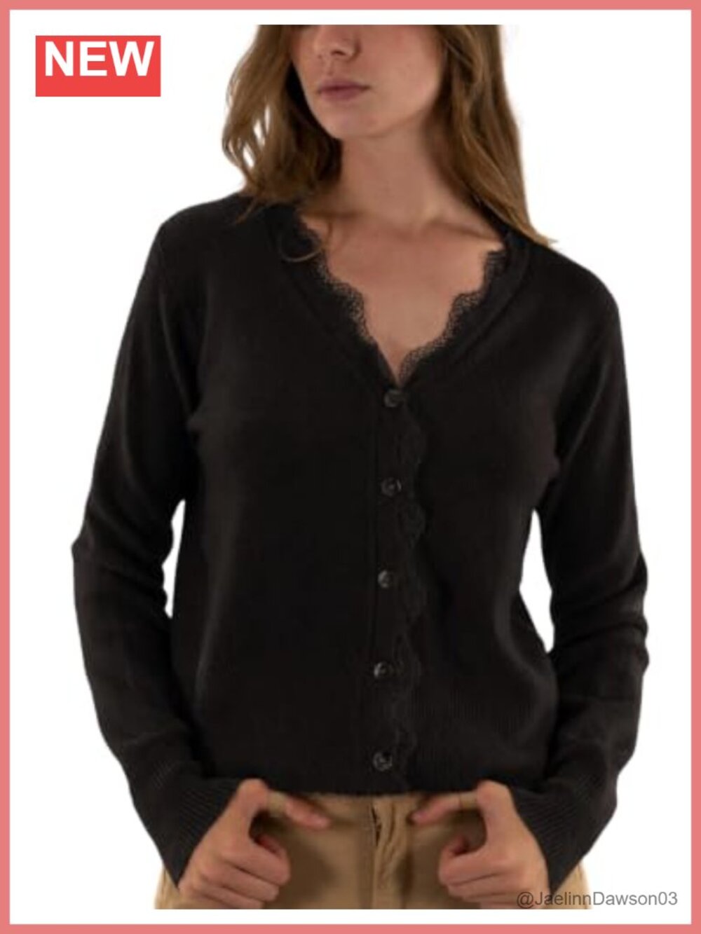 Lace Trim V Neck Cardigan Long Sleeve Soft Knit Fall Sweater